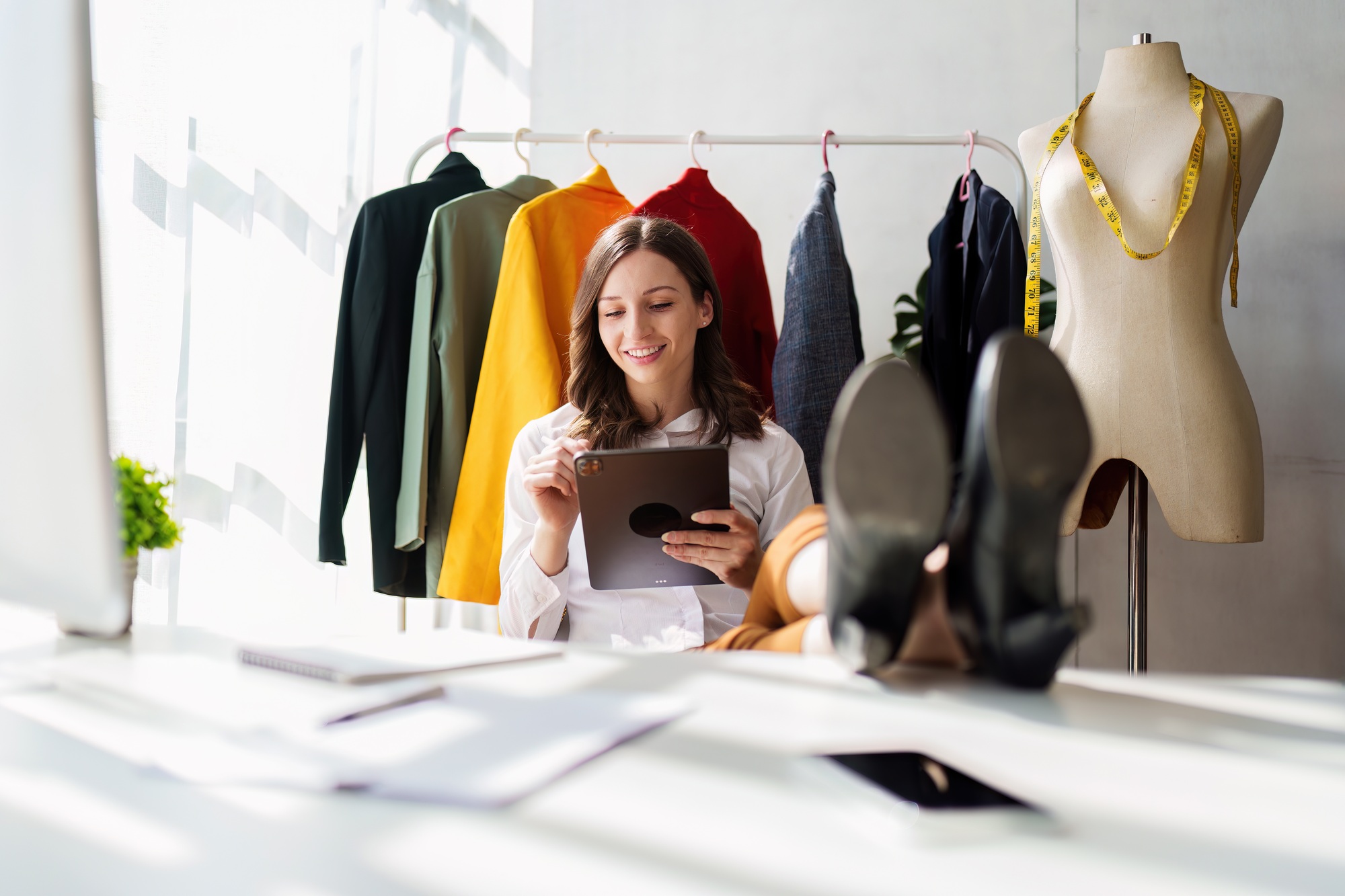 Beautiful woman fashion designer stylish working with colorful cloth. Fashion designer working in