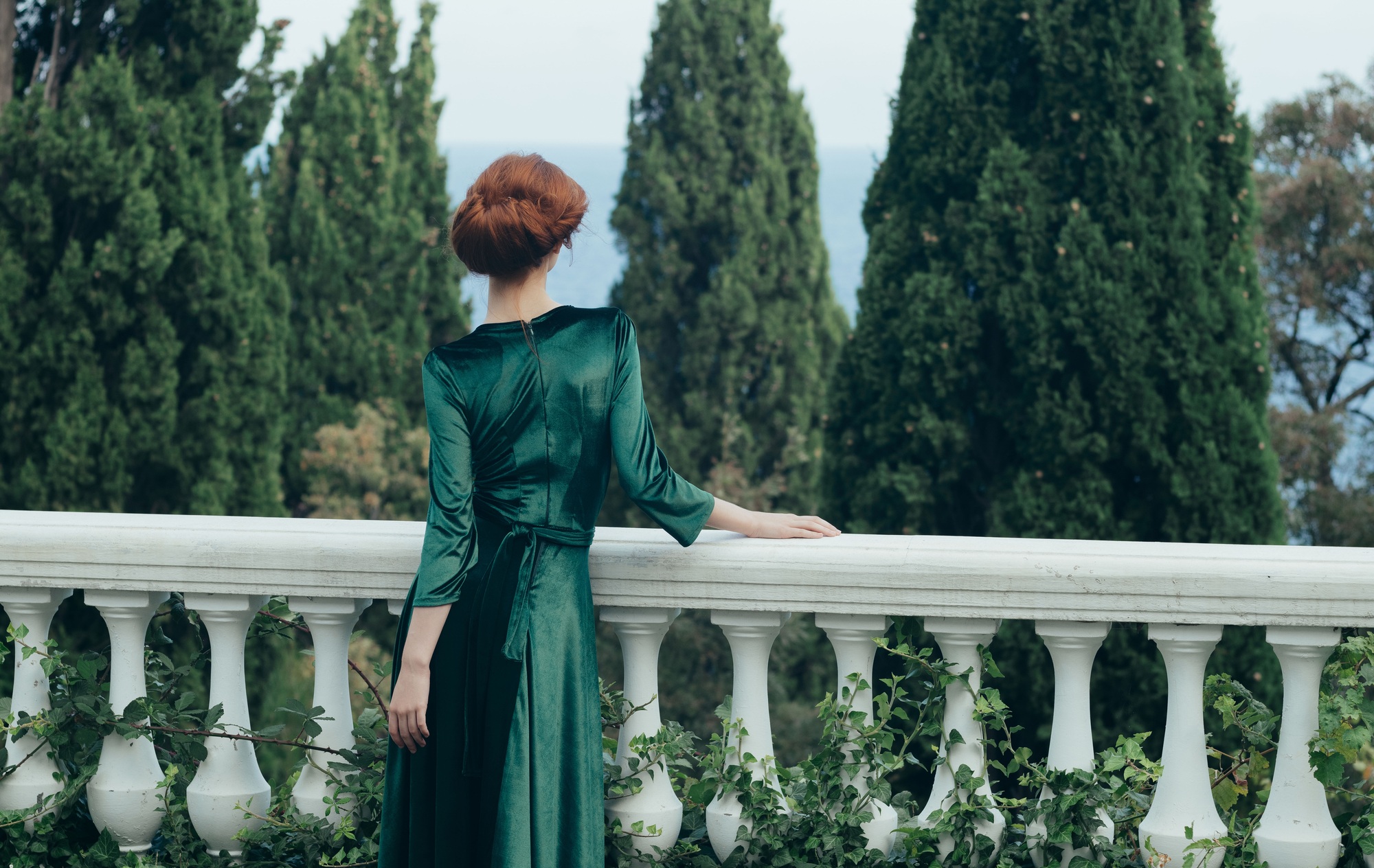 Woman in green dress outdoors Masquerade beauty romance nature