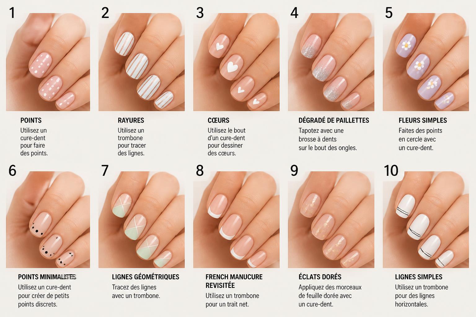 découvrez 10 idées de déco d’ongle faciles à réaliser chez vous sans matériel professionnel. adoptez des designs simples et élégants pour sublimer vos ongles rapidement !
