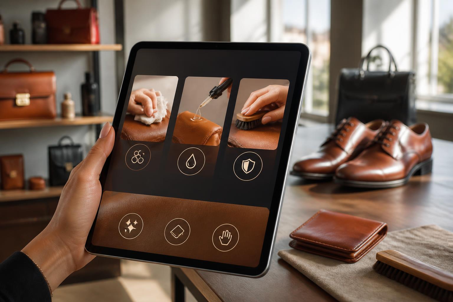 découvrez notre fiche interactive premium sur tablette tactile pour l'entretien du cuir, alliant conseils experts et facilité d'utilisation.
