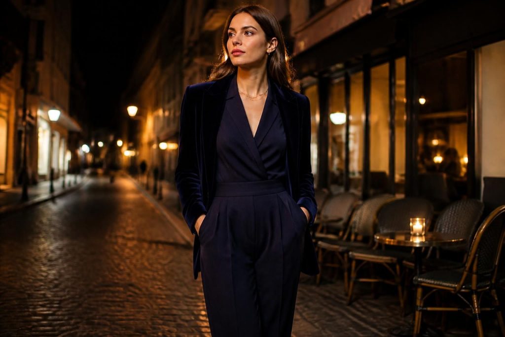 découvrez la veste idéale à associer avec une combinaison bleu marine pour sublimer vos soirées avec élégance et style.