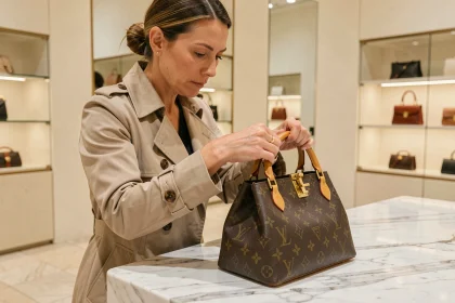 Femme élégante inspectant un sac Louis Vuitton authentique dans une boutique de luxe, vérifiant les coutures et la quincaillerie pour identifier un vrai sac de luxe