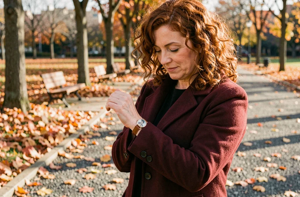 Femme portant un bracelet photo en cuir dans un parc en automne, cadeau personnalisé