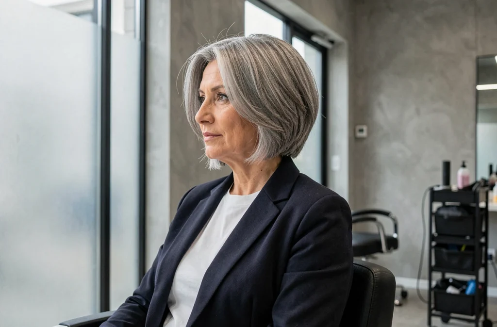 Femme mature avec un carré court asymétrique sur cheveux épais poivre et sel, coupe de salon moderne
