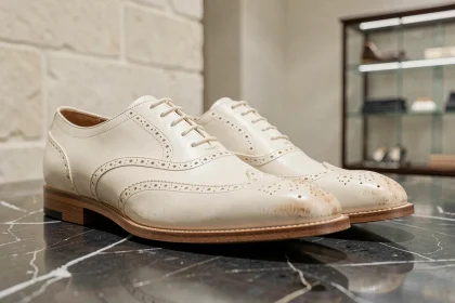 Paire de chaussures Oxford en cuir ivoire de marque de luxe posée sur un marbre noir poli, mettant en valeur la qualité artisanale et le détail des coutures