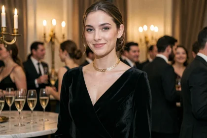 Femme portant un collier choker doré en soirée avec une robe en velours noir, ambiance cocktail élégante