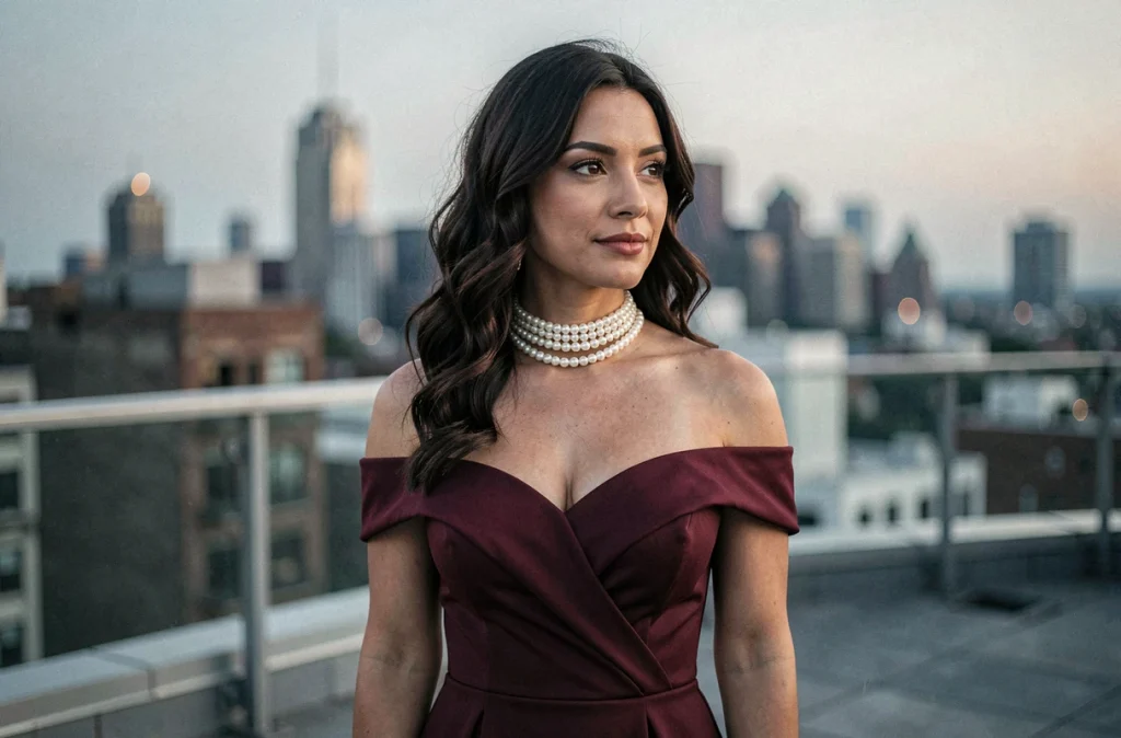 Femme en robe bordeaux épaules dénudées portant un collier choker de perles sur une terrasse en ville au crépuscule