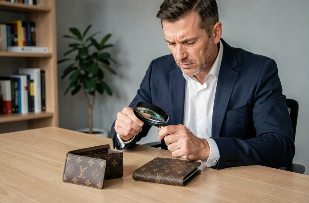 Homme expert comparant deux portefeuilles Louis Vuitton côte à côte à la loupe pour détecter une contrefaçon et investir dans un vrai sac de luxe