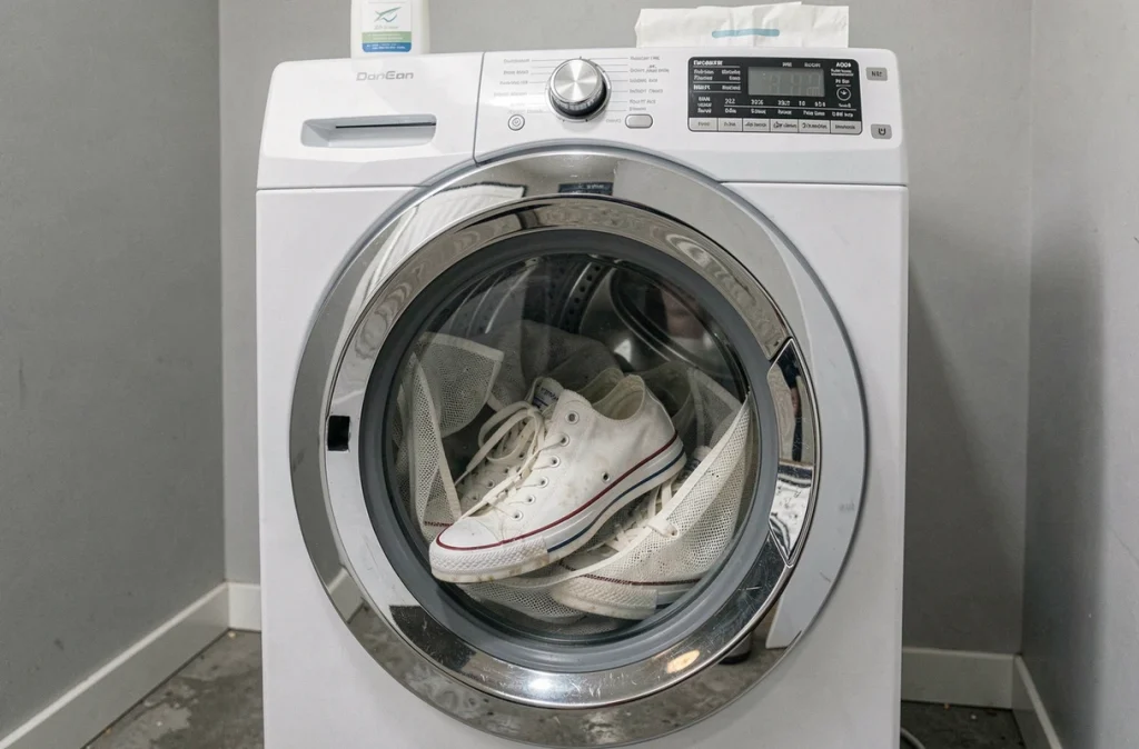 Converse dans un filet de lavage à l'intérieur d'un lave-linge en cours de cycle, visibles à travers le hublot