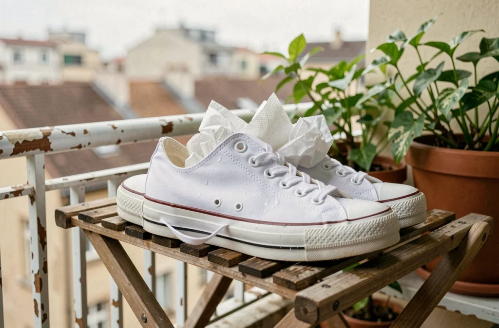 Converse blanches propres qui sèchent à l'air libre sur un balcon après le lavage en machine, bourrées de papier pour garder leur forme
