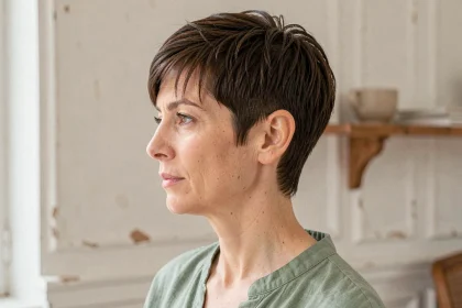 Femme aux cheveux épais avec une coupe courte pixie texturée et volumineuse, style naturel et moderne