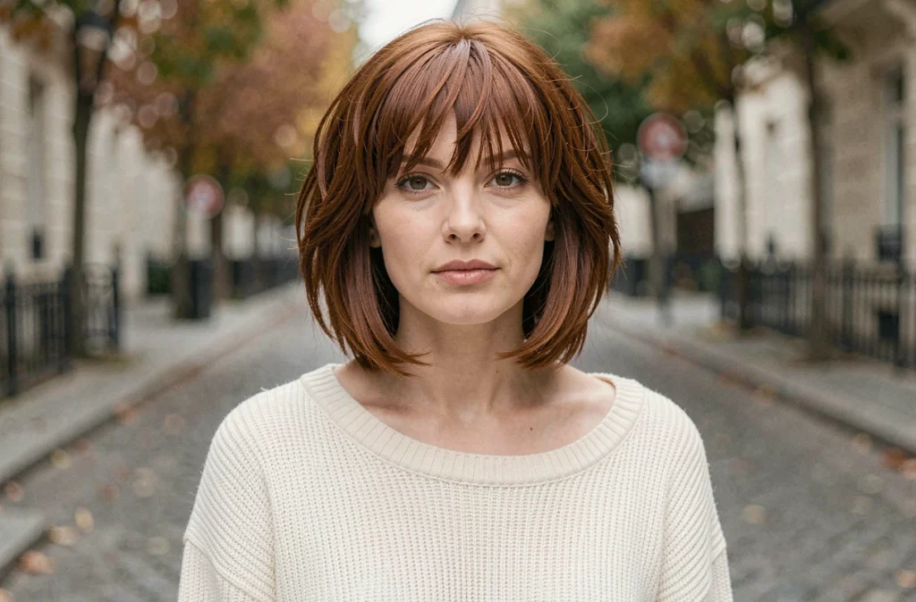 Jeune femme aux cheveux épais roux avec une coupe shag courte et frange rideau, style éditorial urbain