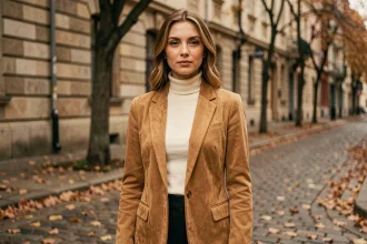 Femme portant un blazer en daim tissu camel dans une rue pavée en automne, mode automne-hiver 2026