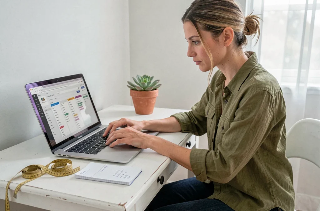 Femme consultant un guide de taille 42 en ligne sur un ordinateur portable avec un mètre ruban sur le bureau