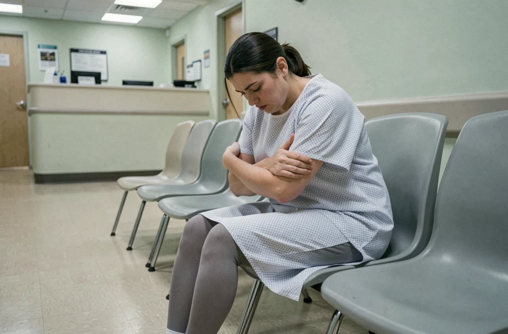 Femme épuisée dans une salle d'attente médicale, évoquant les conséquences physiques et mentales de la pression liée à l'image corporelle