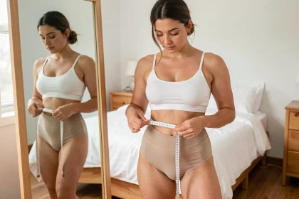 Femme mesurant son tour de taille avec un mètre ruban devant un miroir dans une chambre