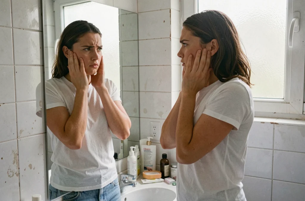 Femme scrutant son reflet dans un miroir de salle de bain, symbolisant la dysmorphophobie et l'obsession du corps parfait