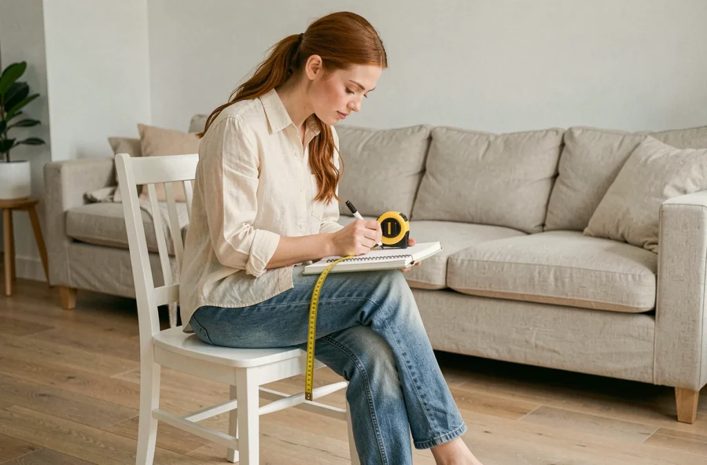 Jeune femme notant ses mensurations dans un carnet avec un mètre ruban dans un salon minimaliste