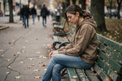 Femme seule et mélancolique assise sur un banc de parc, illustrant la pression sociale sur l'image corporelle et ses conséquences émotionnelles