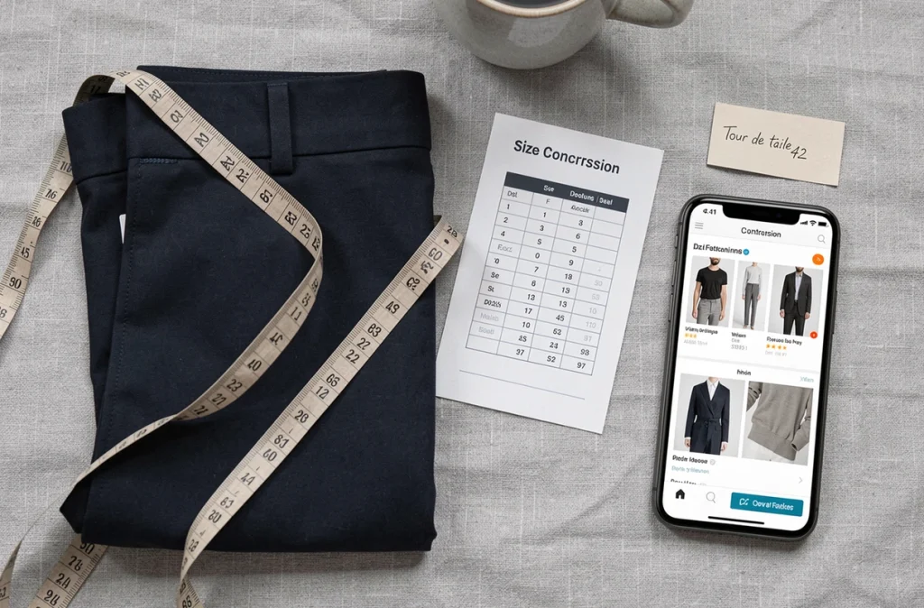 Flat lay d'un pantalon taille 42 avec mètre ruban, tableau des tailles et smartphone pour achat en ligne