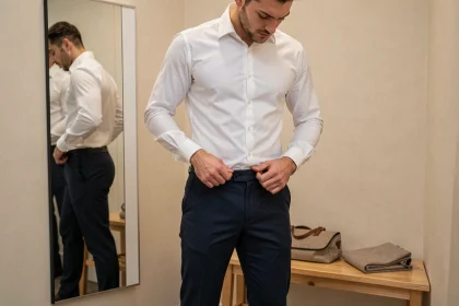 Homme en cabine d'essayage ajustant la ceinture d'un pantalon taille 30 devant un miroir en pied