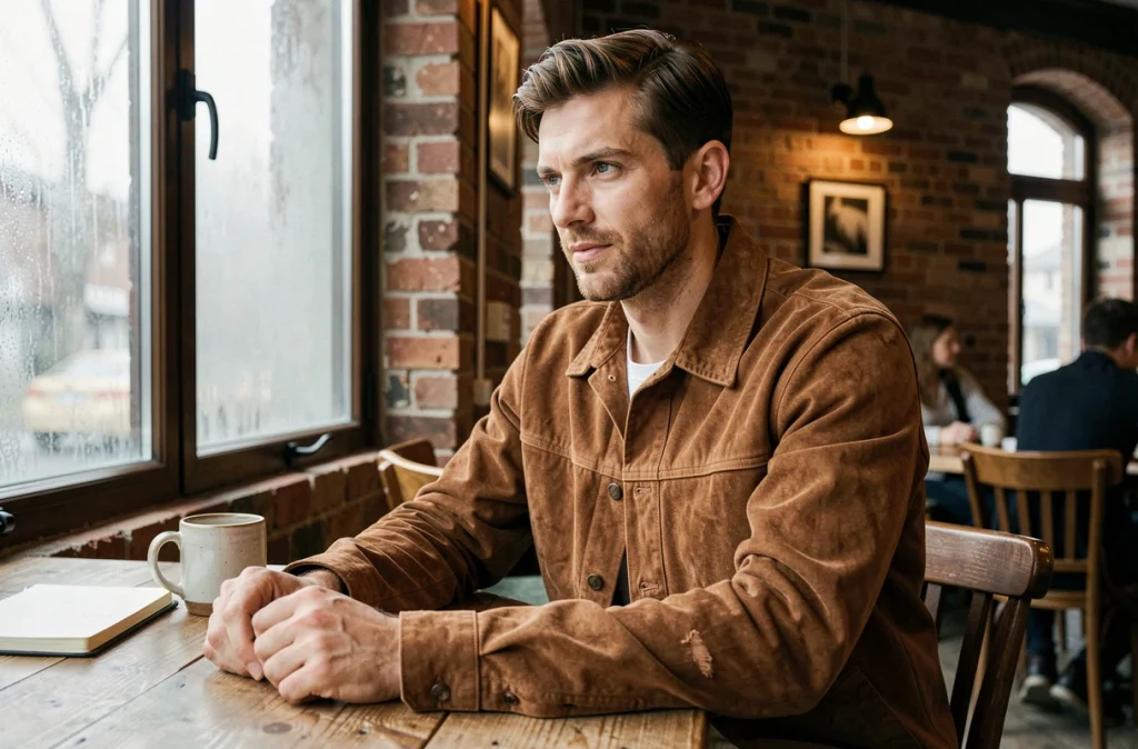Homme en veste daim tissu chocolat assis dans un café chaleureux, tendance mode automne-hiver 2026