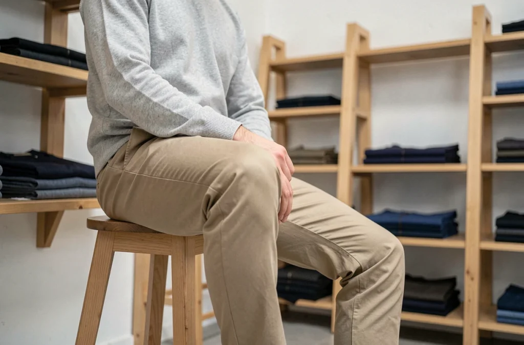 Jeune homme assis dans une boutique de vêtements masculins portant un chino bien ajusté à la taille 30