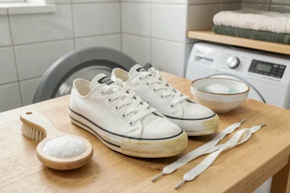 Préparation des Converse blanches avant le lavage en machine avec une brosse douce et des lacets retirés sur une table en bois