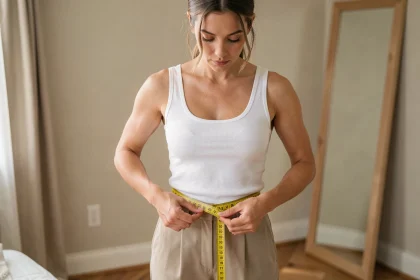 Femme prenant ses mensurations à la taille avec un mètre ruban jaune dans une chambre lumineuse