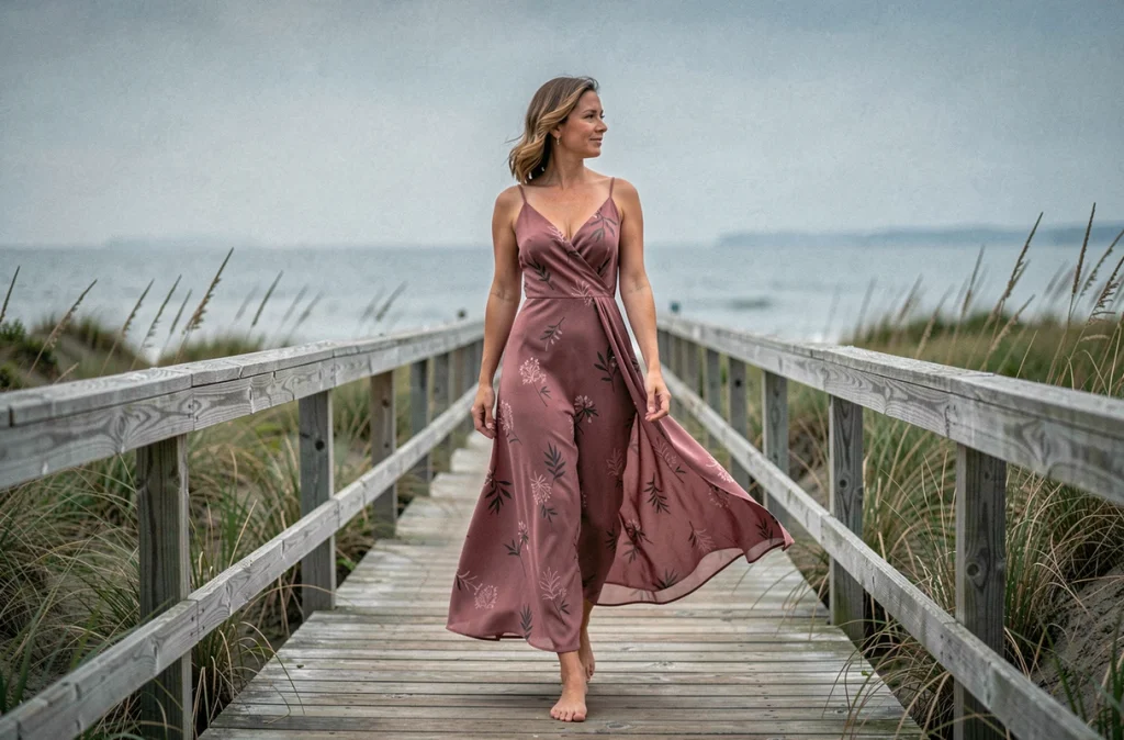 Femme en robe fluide en viscose rose poussiéreux imprimé botanique marchant pieds nus sur une promenade côtière, tissu en mouvement