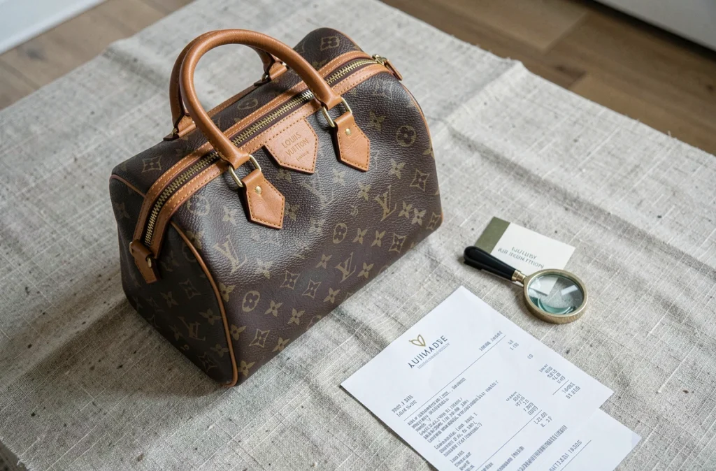 Sac Louis Vuitton Speedy authentique posé sur du lin avec certificat d'authenticité et loupe, conseils pour investir dans un sac de luxe sans risquer les contrefaçons