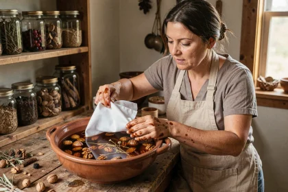 Femme teignant du tissu polyester avec des colorants naturels à base de noix dans un atelier artisanal