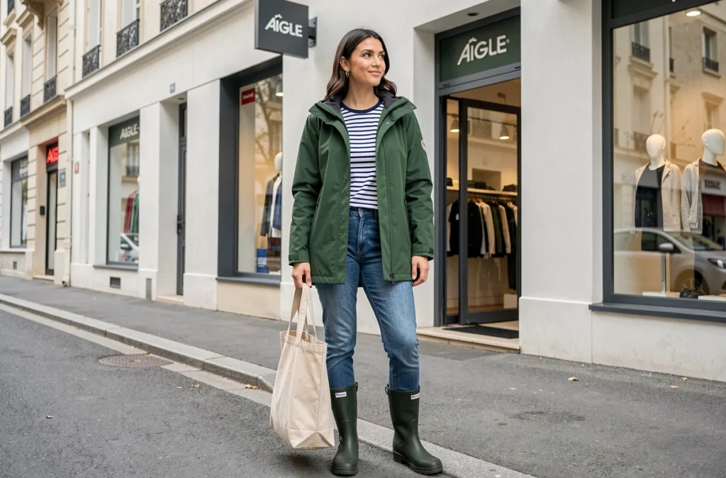 Femme portant une veste imperméable Aigle et des bottes en caoutchouc devant la boutique Aigle à Boulogne-Billancourt