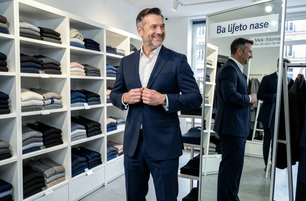 Homme essayant un costume accessible dans une boutique Armand Thiery en centre-ville