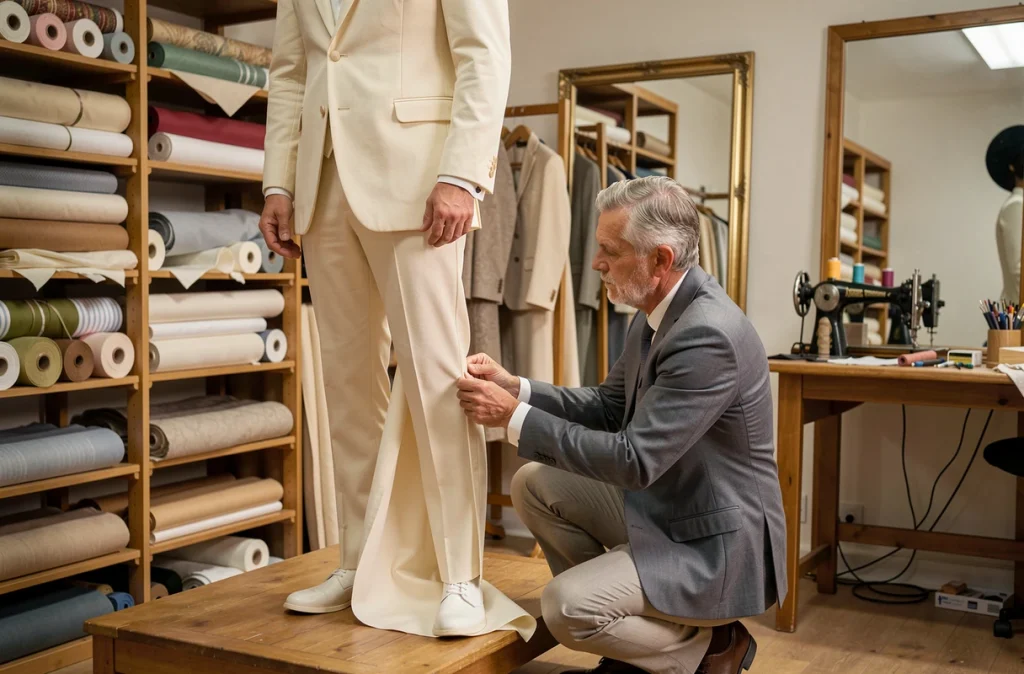 Essayage d'un costume de mariage sur mesure dans un atelier tailleur à Nantes