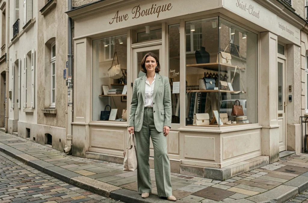 Femme en tenue contemporaine devant la devanture de la boutique Awe à Saint-Cloud avec un cadre de rue résidentiel français