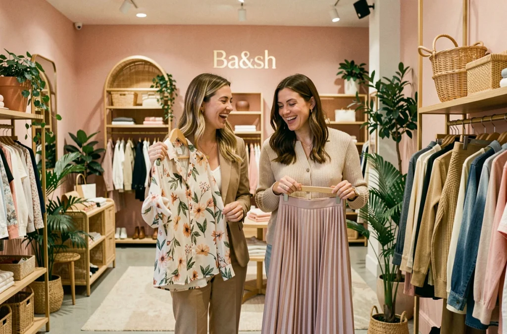 Deux amies riant et parcourant des vêtements dans la boutique Ba&sh à La Défense, entourées d'un décor féminin et chaleureux