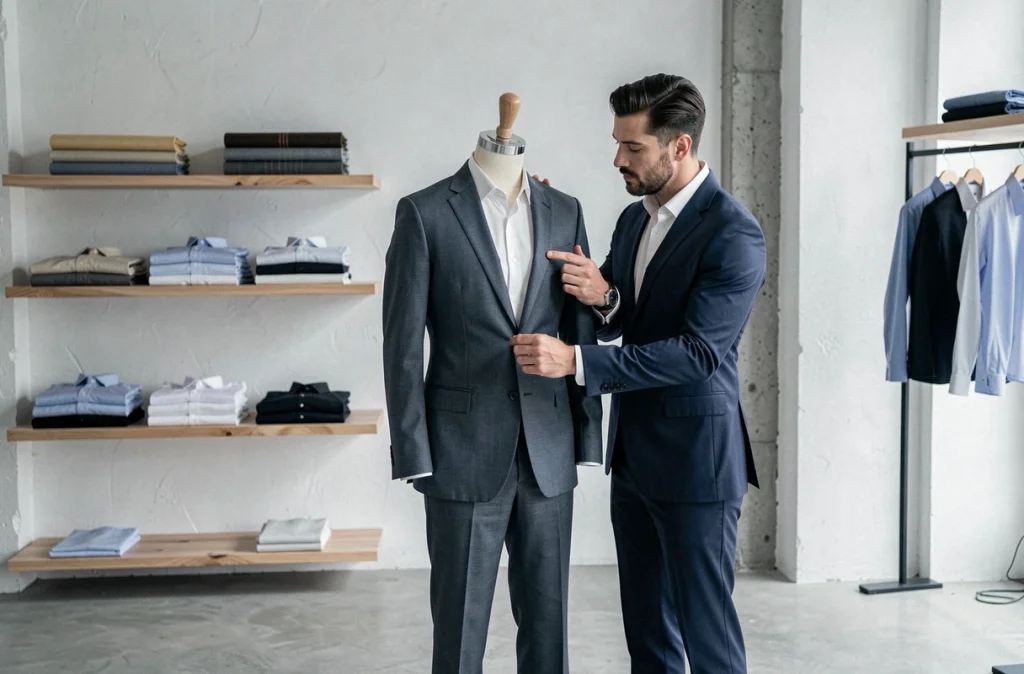 Costume contemporain sur mesure présenté dans un atelier moderne style Blandin et Delloye