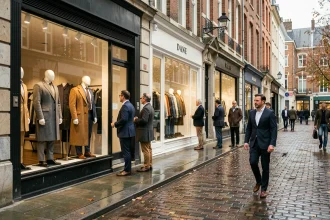 Rue commerçante de Lille avec des boutiques de mode homme aux vitrines élégantes sur pavés mouillés en automne
