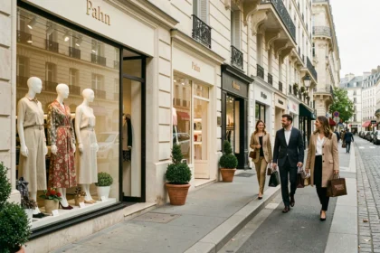 Rue commerçante élégante dans les Hauts-de-Seine avec des vitrines de boutiques de prêt-à-porter féminin et des passantes bien habillées