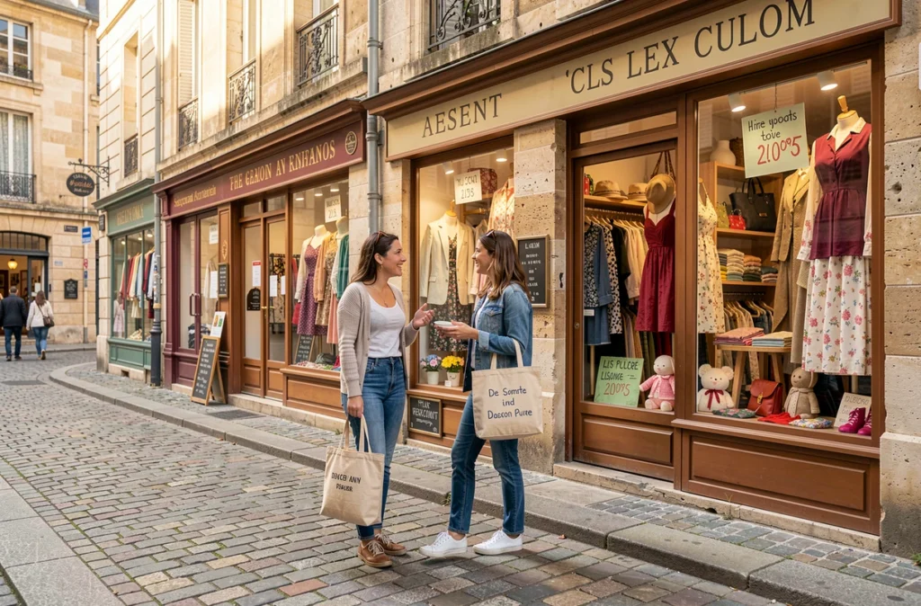 Rue commerçante du centre de Chambéry avec plusieurs boutiques de seconde main aux vitrines colorées et animées