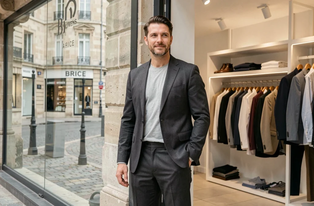 Boutique Brice à Amiens avec un homme en costume slim anthracite près de la vitrine donnant sur la rue piétonne du centre-ville