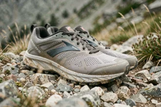 Chaussures de trail Brooks Divide 5 posées sur un sentier rocailleux en montagne, vue rapprochée de la semelle extérieure
