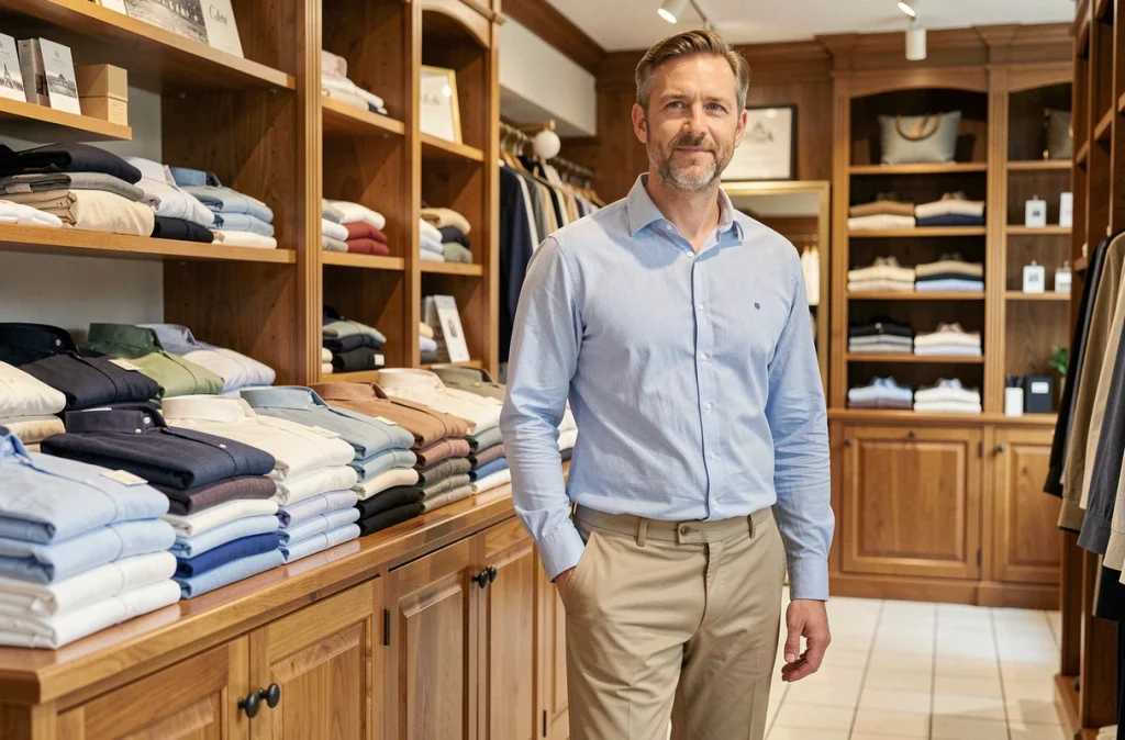 Boutique Café Coton à Lille avec un homme en chemise Oxford bleue devant un présentoir de chemises colorées sur cabinetry bois
