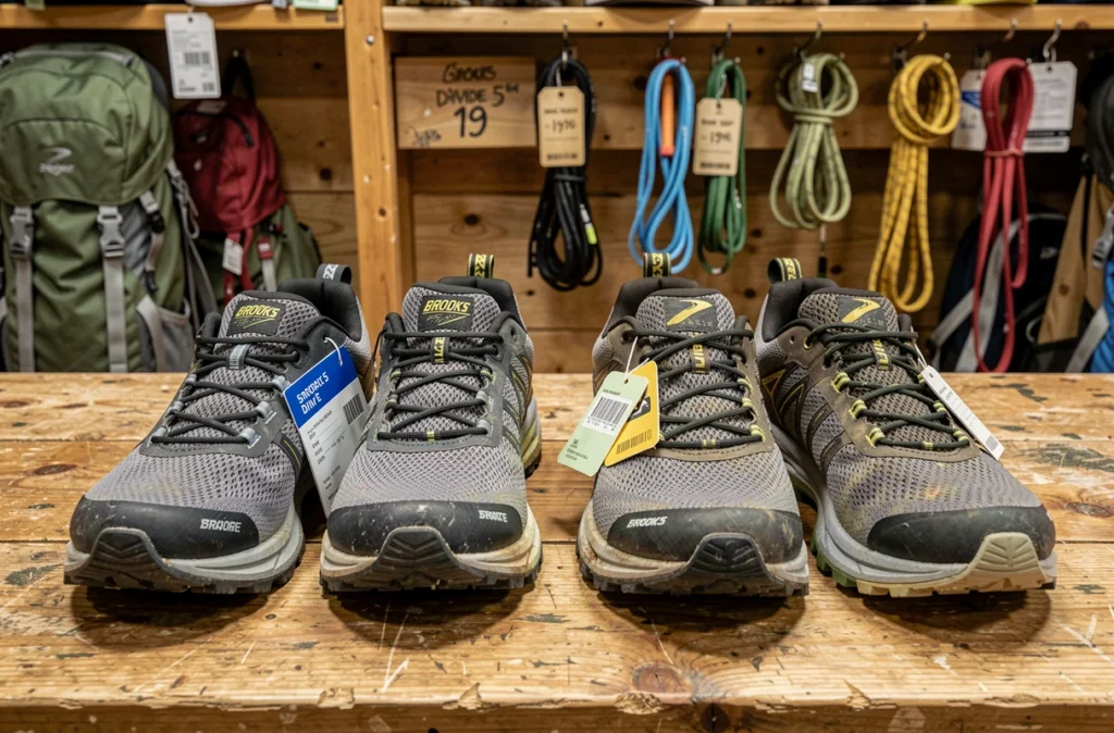 Comparaison de chaussures de trail Brooks Divide 5 et modèle premium posées côte à côte dans un magasin de sport