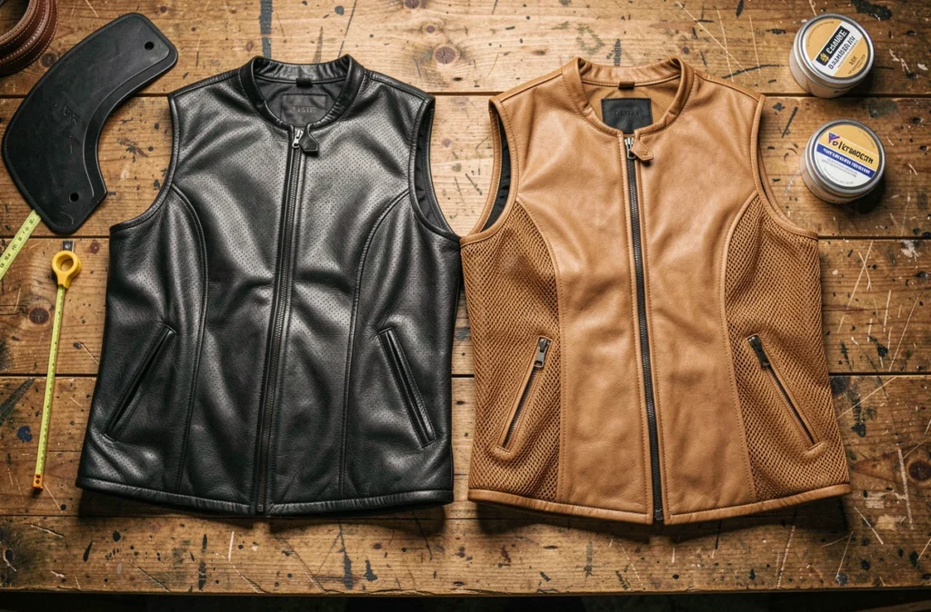 Vue à plat de deux gilets biker cuir moto perforés avec leurs protections CE démontées, comparaison noire et marron sur établi en bois