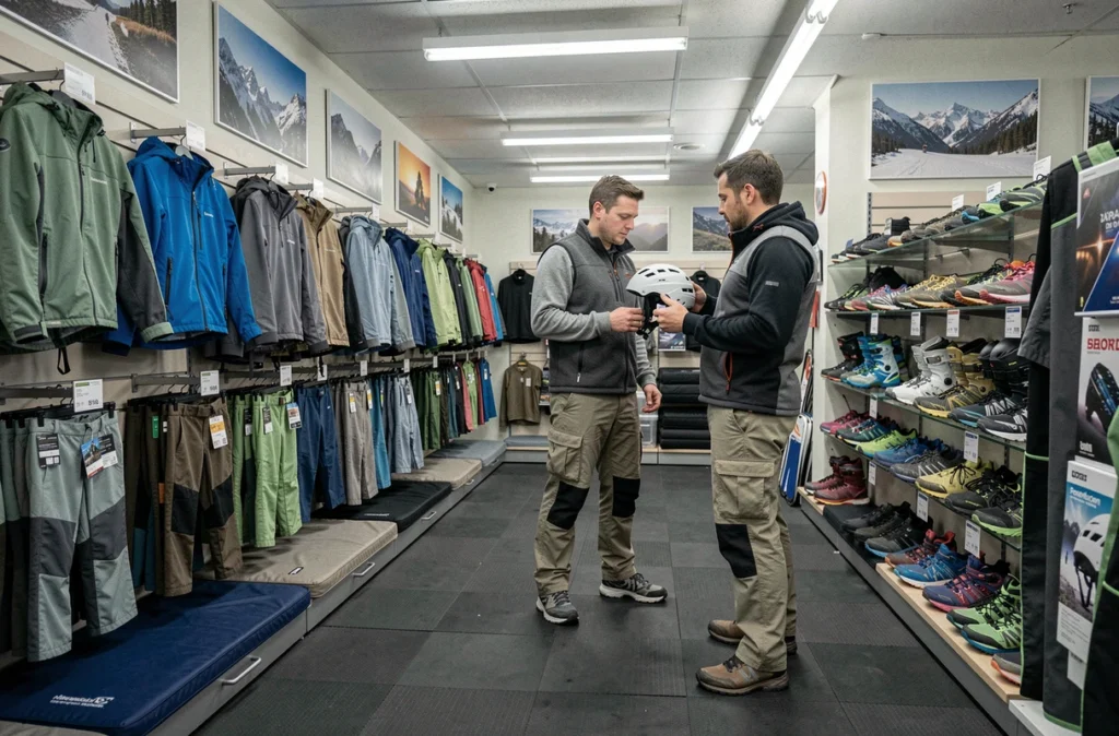 Magasin Degrif Sport avec des équipements de ski et de randonnée de seconde main alignés sur des portants et des présentoirs