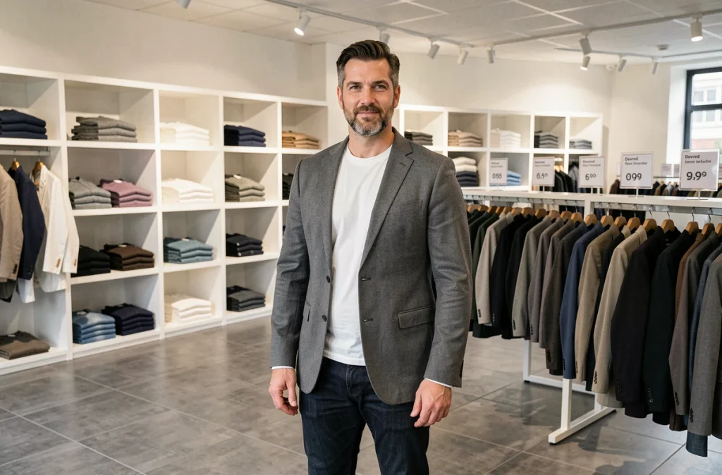 Intérieur d'une boutique Devred avec un homme en blazer gris structuré et jean slim dans un espace de vente contemporain lumineux