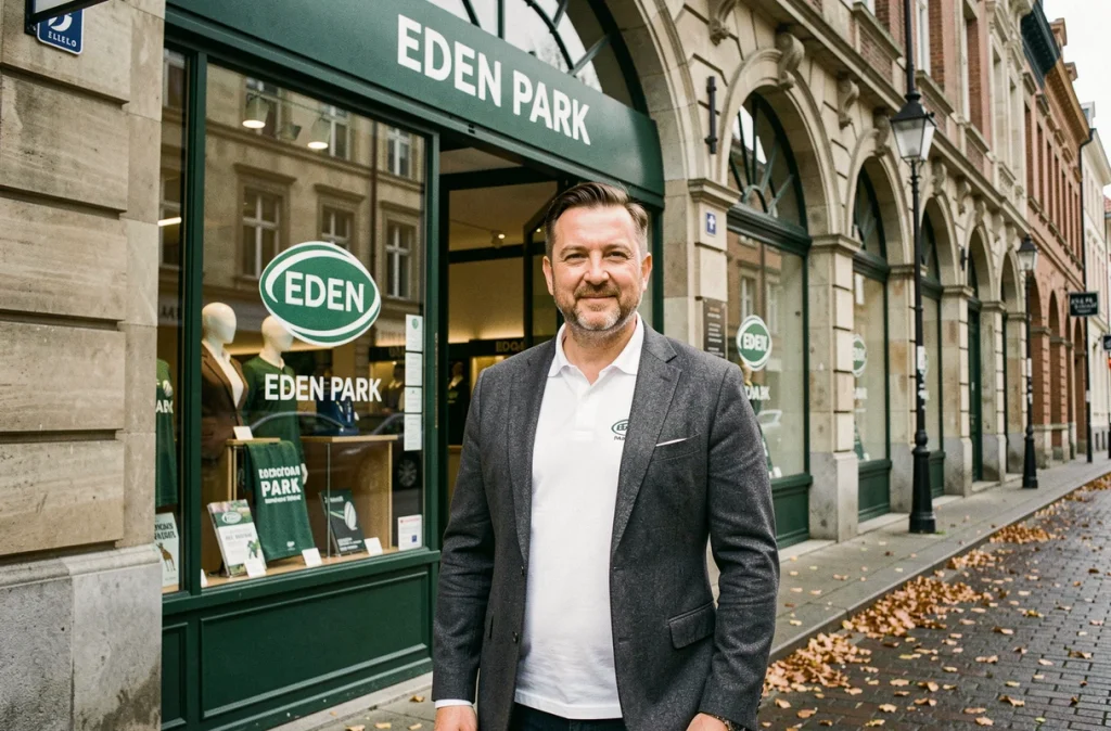 Devanture de la boutique Eden Park à Lille avec un homme en polo et blazer devant la vitrine à l'architecture flamande