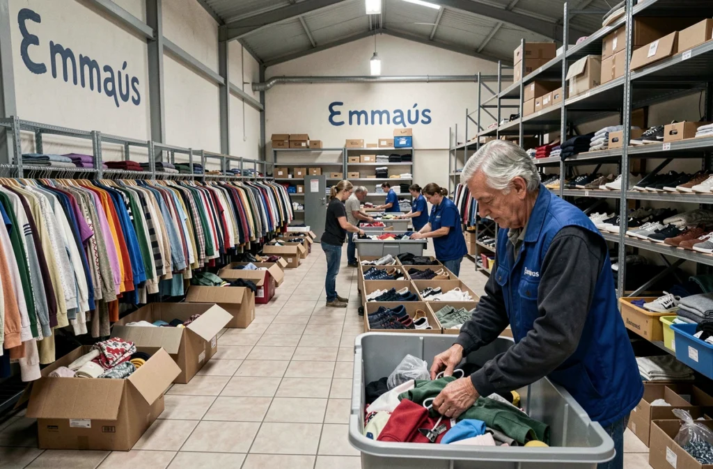 L'intérieur de l'Emmaüs de La Motte-Servolex avec ses portants chargés de vêtements triés et ses bénévoles au travail